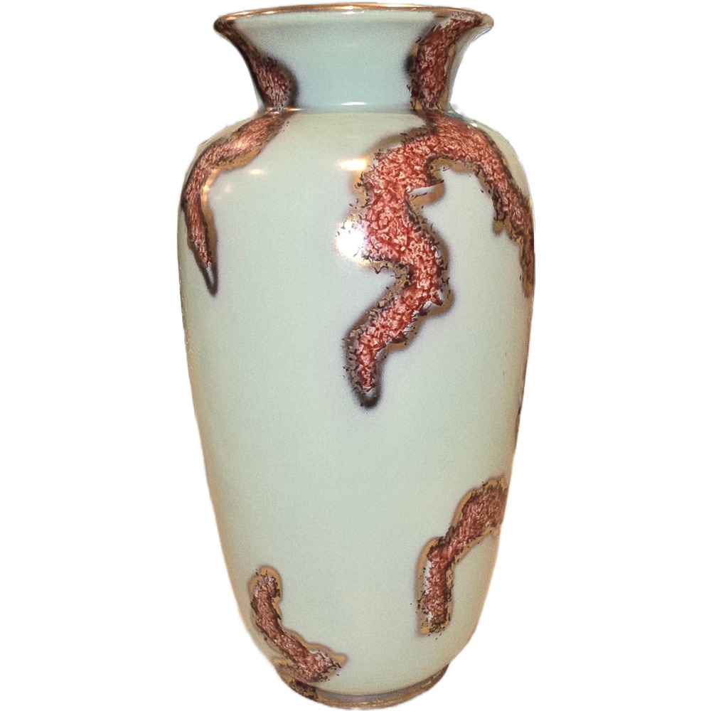 Vintage West Germany Pottery Vase 566/25 Mint Green Red Lava Glaze Mid Century